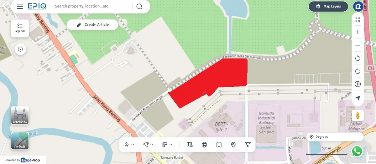 The final 36-acre plot (outlined in red) at COMPASS @ Kota Seri Langat, fronting Persiaran Kota Seri Langat. Map: EdgeProp EPIQ