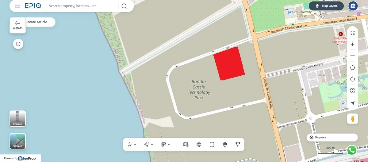 Plot 340A (in red) on the eastern side of Bandar Cassia Technology Park, fronting Jalan Teknologi 3, with the Bandar Cassia township to its east. Map: EdgeProp EPIQ