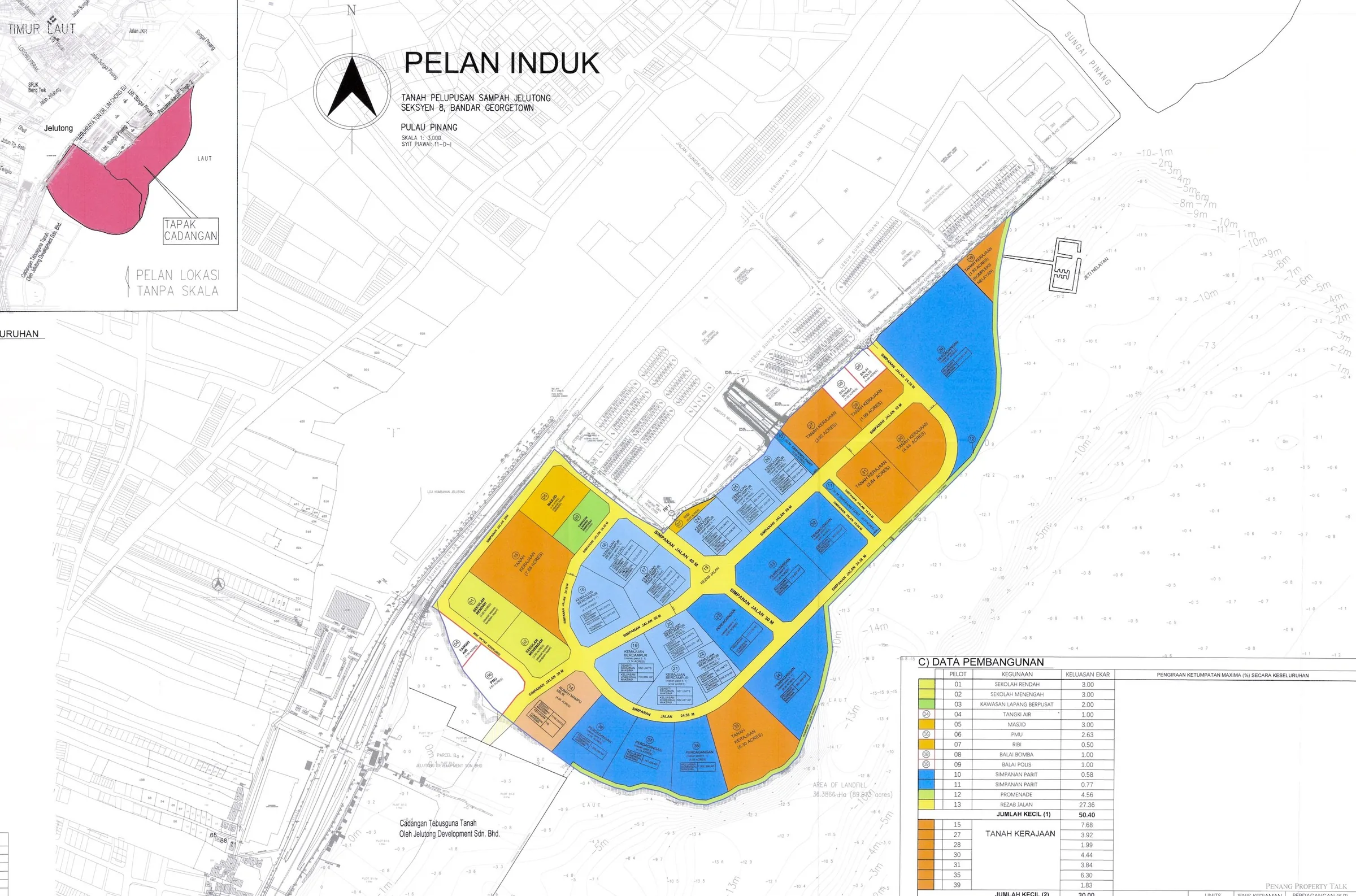 The EIA's master plan (Pelan Induk) for the rehabilitated landfill and the reclaimed area, with the development plots in yellow and blue. Source: EIA report, via Penang Property Talk