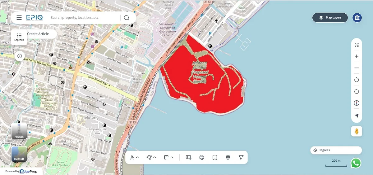 The Jelutong Waste Disposal Site (TPSJ), in red, between the Tun Dr Lim Chong Eu Expressway and the South Channel. Map: EPIQ, via EdgeProp