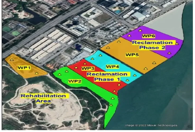The EIA's phasing: WP1 (orange) hosts the recycling plants, WP2 is the first working platform, WP3–WP4 are reclamation phase 1 and WP5–WP6 phase 2. Map: EIA report, via Aliran