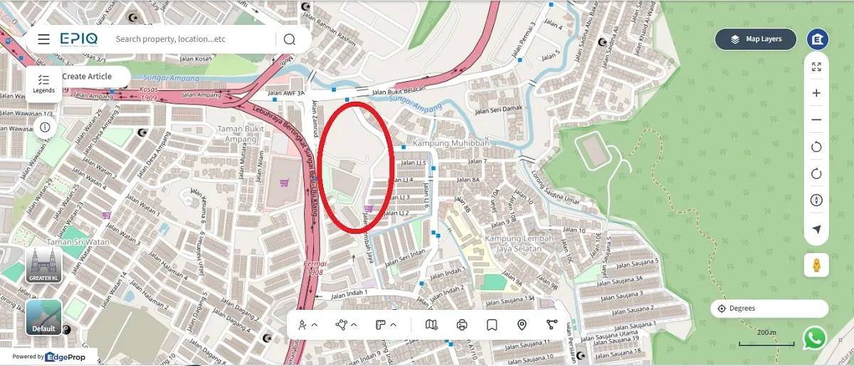 The M Araya site (outlined in red), off Jalan Ampang near Kampung Muhibbah, opposite AEON BiG Ampang. Map: EdgeProp EPIQ