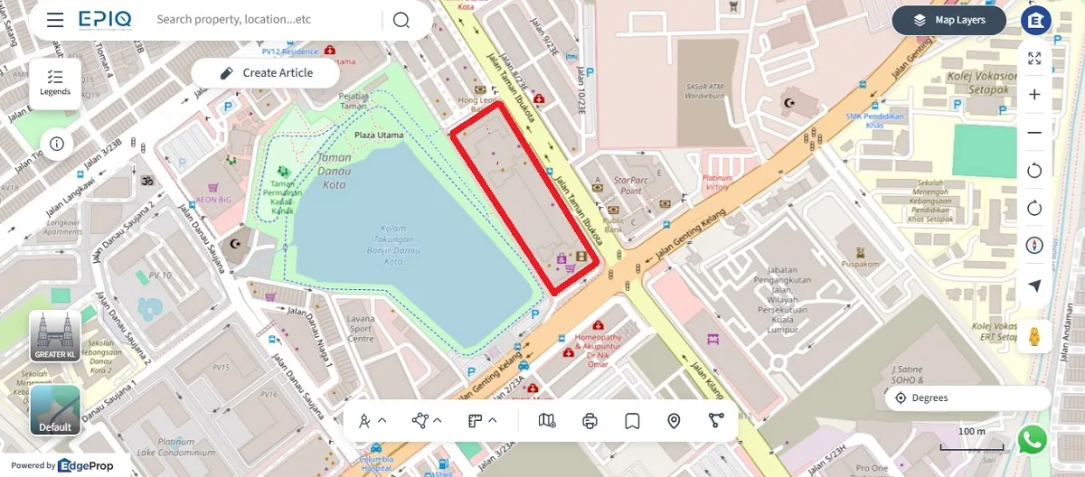 Location of Setapak Central Mall (red border) beside Taman Danau Kota lake, off Jalan Genting Kelang, Setapak. Map: EPIQ, via EdgeProp