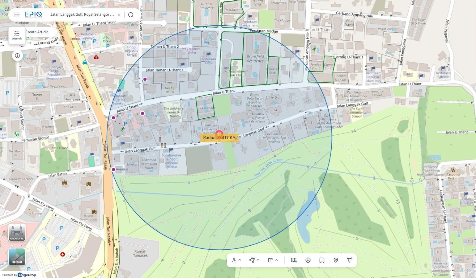 EdgeProp EPIQ map of Jalan Langgak Golf in Taman U-Thant, where a 2.07-acre bungalow sold for RM70.5 million in May, the priciest home sale in Kuala Lumpur so far in 2026. The golf course lies to the south. Map: EdgeProp EPIQ