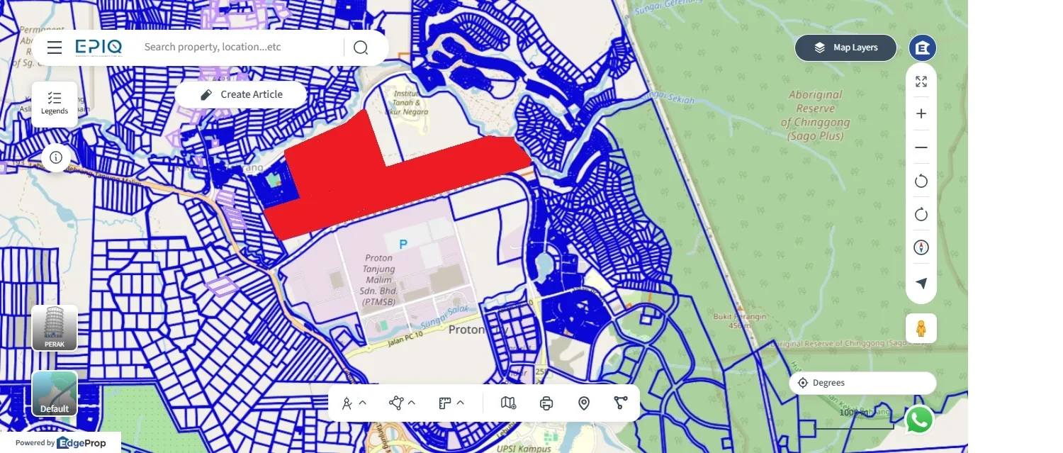 Estimated location (in red) of Tanjong Malim Hi-Tech Park, immediately north of Proton's Tanjung Malim plant. Map: EPIQ, via EdgeProp