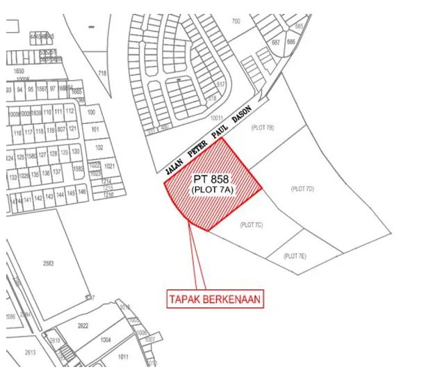 Site plan from the Proclamation of Sale: P.T. 858 (Plot 7A) fronts Jalan Peter Paul Dason, with Plots 7B–7E behind it. Source: state Proclamation of Sale, via The Star
